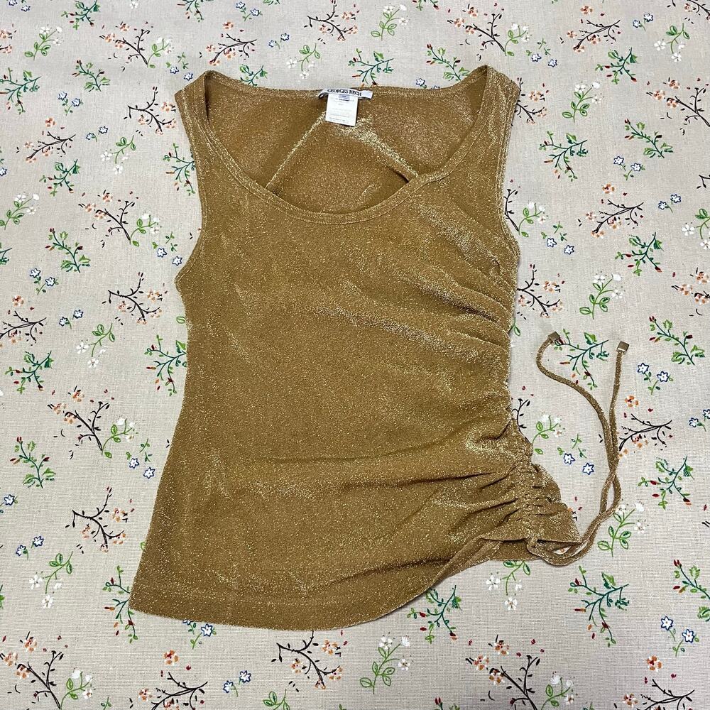 VTG Georges Rech France Gold Side Ruched Tank Top EUR 38 Sheer Cover Up Y2K